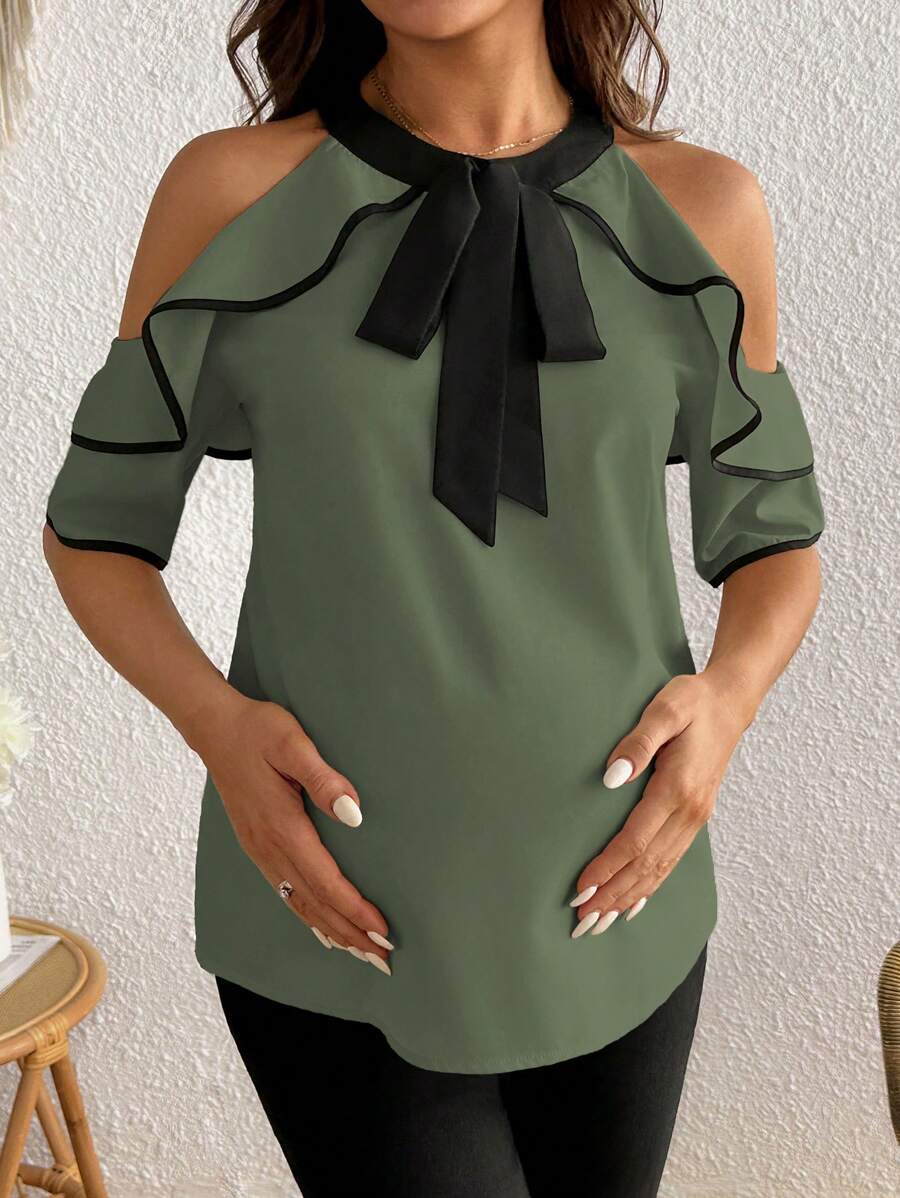 SHEIN Elegant Color Block Strapless Tie Neck Ruffle Hem Maternity Top, For Summer - Olive Green - View 1