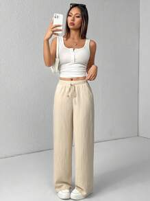 SHEIN PETITE 女款三件套纹理阔腿裤 黑色+白色+绿色 - 藏蓝色 - 查看 9