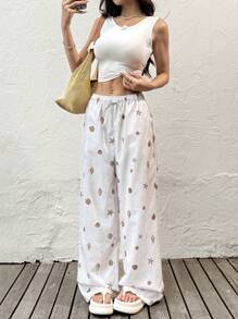 SHEIN EZwear Starfish & Shell Printed Lace-Up Comfy Plus Size Casual Pants Seashell Pants Boho Pants For Women