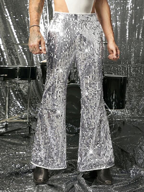 FeverCity Men's Fashionable Sequin Decorated Bell Bottom Suit Pants, Suitable For Party