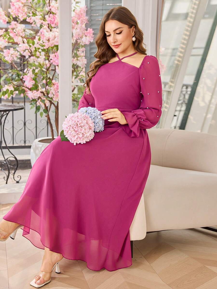 Modelyn Plus Size Women Elegant Chiffon Solid Color Open Shoulder Romantic Dress - Red Violet - View 1