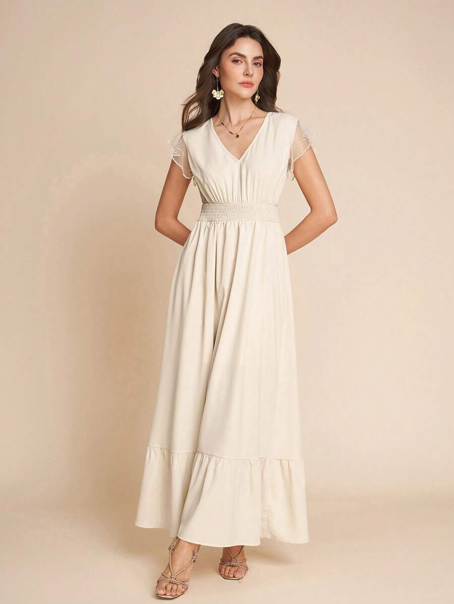 SHEIN Clasi Summer Women's Elegant Women's Solid Color Contrast Mesh V-Neck Cinched Waist Small Cap Sleeve A-Line Dress, Suitable For Various Occasions To Wear - Apricot - View 1