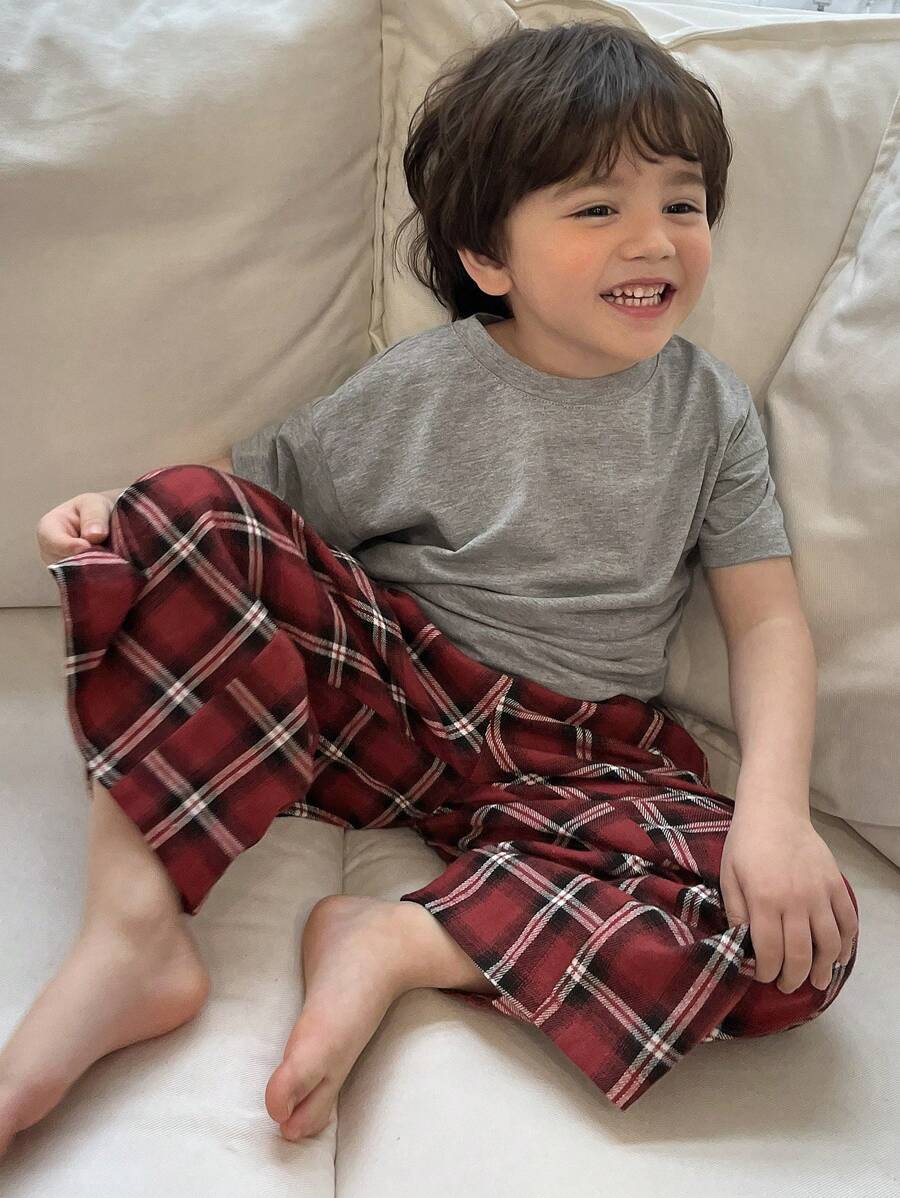 Hapijoa Kids Boys Crew Neck Knitted Short Sleeve T-Shirt + Plaid Pants Homewear, Spring/Summer - Multicolor - View 1
