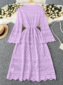 DreamSkyne Áo len cardigan thắt nơ lưới đan móc màu trơn cỡ lớn cho nữ mặc ở bãi biển lãng mạn kiểu phương Tây - Màu tím hoa cà - Xem 2