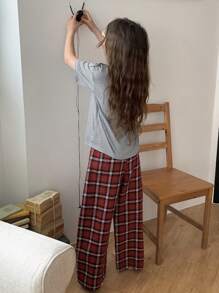 Áo thun dệt kim cổ tròn tay ngắn cho bé gái tuổi teen + Quần dài kẻ caro trang phục mặc nhà, Xuân/Hè - Nhiều màu - Xem 2