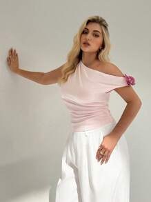 Auralis Plus Size Women Summer Vacation Y2k Asymmetrical Shoulder Top, Going Out Tops, Birthday Cute Concert Brunch Airport Country Fairycore Solid Color Elegant T-Shirt, - Pink - View 1