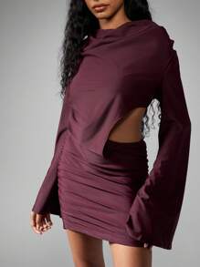 MISSGUIDED Extreme Drape Long Sleeve Cut-Out Mini Dress - Brown - View 6
