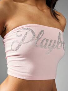 Missguided x Playboy 抹胸短款上衣露肩水钻标志夏季抹胸街头服饰 Y2K 时尚运动舞蹈俱乐部服饰休闲基本款弹力 - 粉色 - 查看 4