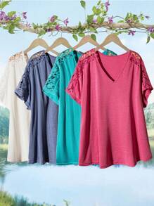 EMERY ROSE Plus Contrast Lace Batwing Sleeve Tee - White - View 3