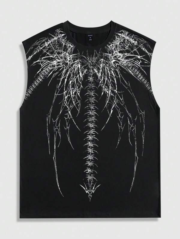 ROMWE MEN Goth Summer Carnival Casual Graphic Men'S Skeleton Print Casual Crew Neck Tank Top, Halloween, 2000S Style