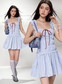 SHEIN Unity 蓝白相间的女士休闲修身迷你连衣裙，女士夏季服装，女士毕业服装，女士度假服装，乡村音乐会服装，女士音乐会服装，女士邮轮服装，女士复古风服装，外出服装，女士节日服装，女士度假服装，女士生日服装，可爱夏季服装 - 藍白色 - 查看 1