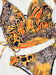 Swim SXY 2pcs Leopard Print V-Neck Backless Beach Bikini Set, Women Summer Swimsuit - Multicolor - View 5