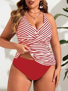 Swim Lushoire Plus Size Tank Top Bikini Set, Fashion For Summer - Red - View 1