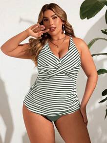 Swim Lushoire Plus Size Camisole Style Bikini Top, Fashionable For Summer - Army Green - View 5
