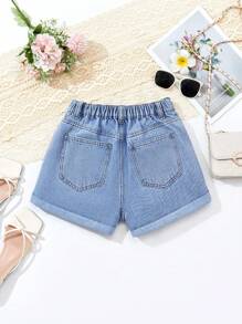 SHEIN Pantaloncini di jeans casual con ricamo a fiocco e tasche, stile dolce per ragazze adolescenti, adatti per primavera ed estate, vacanze estive, spiaggia, festival estivi casual, rave, brunch estivo, chiesa, laurea