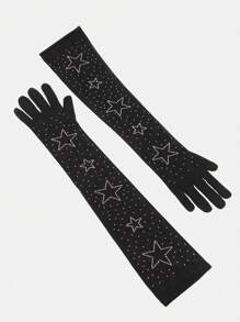 SHEIN SXY Simple & Practical Rhinestone Star Black Gloves, Multi-Function - Black - View 2