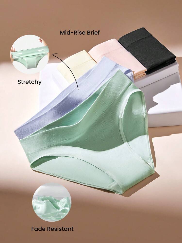5-Pack Mid Waist Seamless Basic Briefs Women Underwear Panties Set