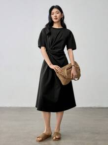 Dazy-Less 夏季女士商务休闲扭结褶皱简约宽松A字中长连衣裙，教师装长款连衣裙 - 黑色 - 查看 6