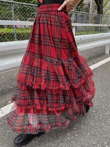 FRIFUL 女士蓝色格子荷叶边网纱半身裙，甜美高腰设计，适合娇小身材，春夏圣诞节新年装。 - 紅色 - 查看 4