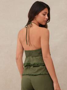 WESTFADE 100% 纯棉波西米亚风流苏毛边褶饰蝴蝶结后背荷叶边多层挂脖上衣休闲可爱返校、秋季、冬季、乡村音乐会、西部风女装 - 軍綠色 - 查看 5