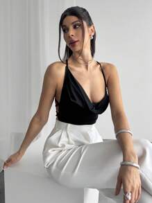 Firerie New Elegant Sexy Party Music Festival Back-To-School Vacation Date Outfit: Black Crisscross Backless Spaghetti Strap Uneven Bustier Tight-Fitting Bodysuit, Shiny Material, Spring/Summer, Concert Outfit Women