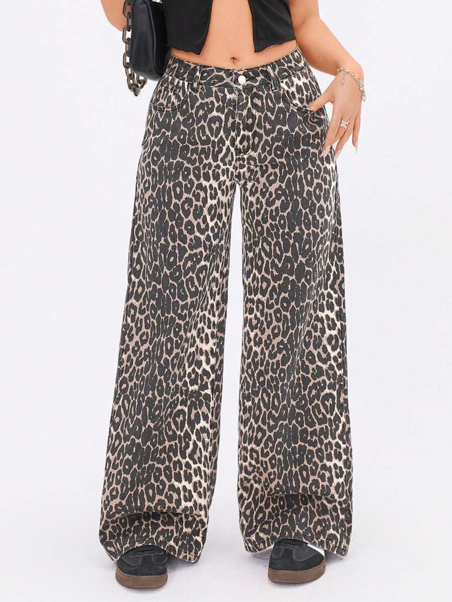 SHEIN PETITE Leopard Print Pocketed Casual & Versatile Denim Jeans - Multicolor - View 1
