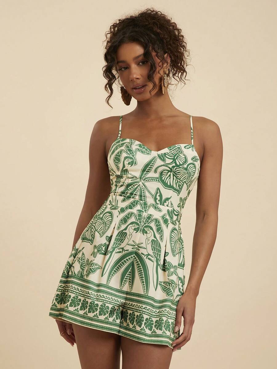 Travachic Tropical White Summer Beach Holiday Vacation,Holiday Sleeveless Jumpsuit For Women,Casual Bohemian Print,Western Wear,Concert Outfit,Ibiza Boho Style - Green - View 1
