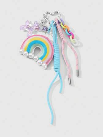 Kawaii 1pc Luxury Elegant Versatile High-End Dopamine Acrylic Chain Faux Pearl Heart PU Leather Rainbow Resin Balloon Cartoon Puppy Handmade Rope Keychain, Suitable For Women, Daily Wear & Holiday Gift