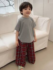 Hapijoa Kids Boys Crew Neck Knitted Short Sleeve T-Shirt + Plaid Pants Homewear, Spring/Summer - Multicolor - View 5