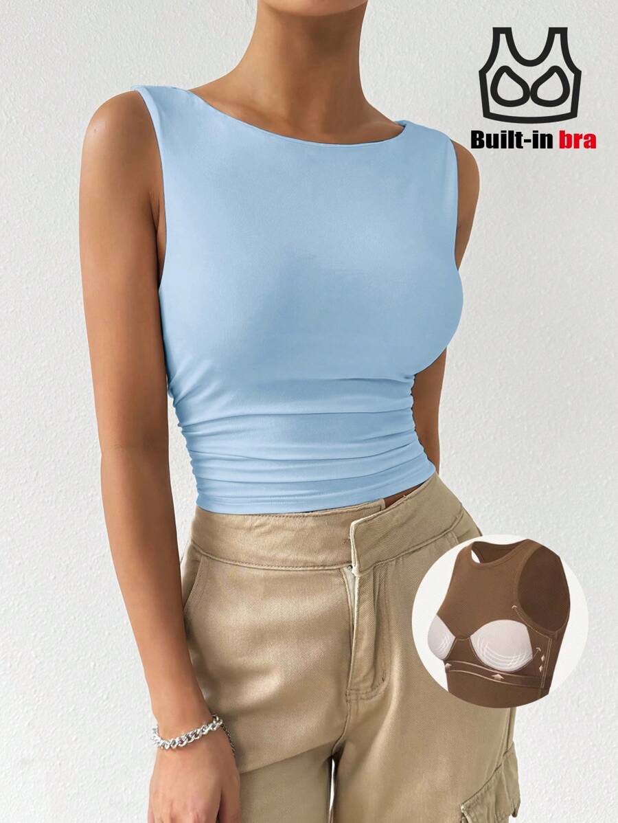 SHEIN EZwear Light Blue Cotton Lined Sleeveless Tank Top, Spring/Summer Y2k - Baby Blue - View 1