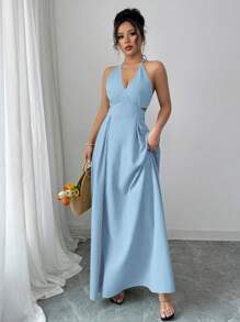 Elenzga Summer Vacation Style Lace-Up Solid Deep V-Neck Hollow Out Dress - Baby Blue - View 5