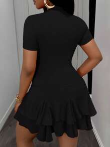 Slaydiva Summer Casual Round Neck Ruffle Hem Short Sleeve Slim Fitting Unique Mini Dress Summer Dresses For Women,Sun Dresses For Women,Business Casual Woman