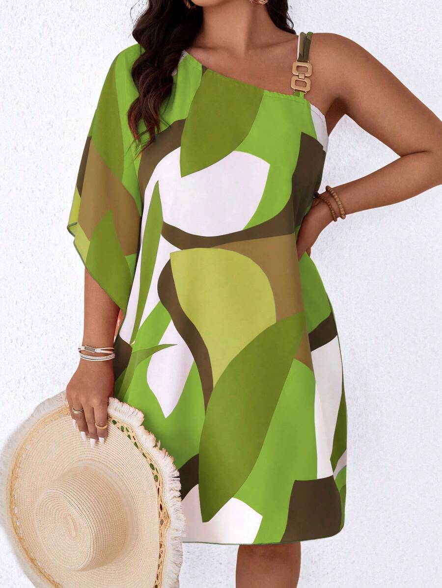 SHEIN LUNE 女式大码几何印花不对称肩带休闲连衣裙 - 綠色 - 查看 1