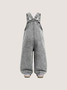 Baby Girl Washed Denim Bib Overall, Loose Fit All-In-One Printed Long Pants - Light Grey - View 2