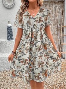 EMERY ROSE Women's Casual Floral Print Short Sleeve Dress, Summer