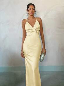 SHEIN BAE Váy Maxi Maxi hở lưng gợi cảm màu mơ trơn thanh lịch cho kỳ nghỉ bên bờ biển mùa hè, thích hợp cho hẹn hò hàng ngày, đi chơi đêm, hộp đêm, tiệc tùng, dạ hội, tiệc cocktail, tiệc hồ bơi, váy ngày lễ - Màu vàng - Xem 6
