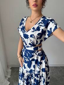 Elenzga 2025 新款优雅撞色印花 V 领腰带镂空休闲度假波西米亚风格长款系带连衣裙，夏季 - 彩色 - 查看 4