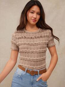 WESTFADE Country Western Cowgirl Spring Floral Ruffle Lace Crewneck Fitted Sheer T-Shirt Cute Summer Top - Brown - View 3