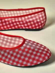 SHUZIA Bailarinas rojas básicas, cómodas y femeninas de estilo minimalista con estampado de cuadros, malla y PU para mujer - Rojo - Ver 6
