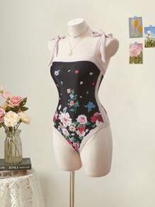 SHEIN MOD 2pcs/Set Vintage Floral Tie Shoulder Beachwear, Swimsuit With Coverup,Beach,Hawaiian, Elegant,Floral,Mesh,Sheer , Vacation Swimsuit,Country Concert Outfit - Black - View 4