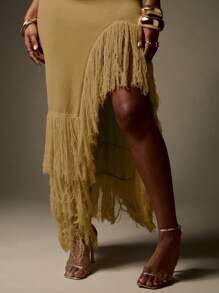 MISSGUIDED Designer Bodycon Asymmetric Fringe Hem Sweater Dress High Fashion Runway Evening Special Occasion Long Women Holiday Party Gown Spring Fall - Brown - View 5