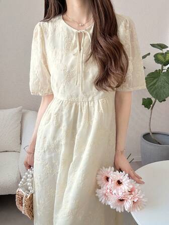 FRIFUL 女士度假系带甜奶油色长裙，女士休闲优雅连衣裙，夏季毕业礼服