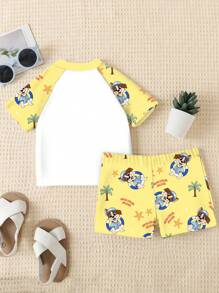 SHEIN Baby Jungen süßer Hund Muster lässiges schlankes Rundhals Kurzarm Top und Shorts Badeanzug Set, geeignet für den Sommer - Verschiedenfarbig - Übersicht 4