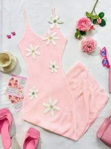 SHEIN Unity Floral Print Spaghetti Strap Vacation Style Dress - Baby Pink - View 5