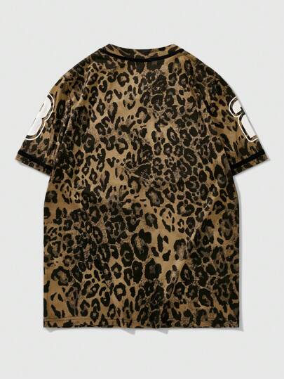 Prep Camisa de manga corta informal de verano para hombre con logo de ciudad y estampado de leopardo