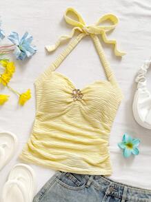 Soleia 度假挂脖系带花卉金属扣黄色针织纹理修身女式背心，适合度假、音乐节、波西米亚风、节日约会、下午茶、夏季女装