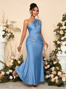 SOLERSUN Women's Solid Color Hollow Asymmetric Neck Metal Decorated Bodycon Dress Long Maxi Women Outfit