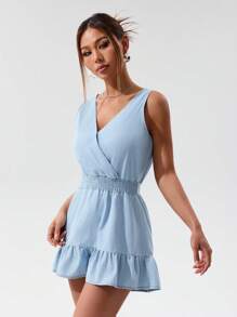 SHEIN EZwear 女式纯色V领交叉褶皱无袖牛仔连体裤 - 淺色水洗藍 - 查看 4