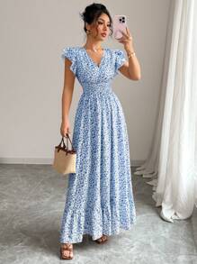 Elenzga New Fashion Shirred Woven Micro Ditsy Floral Cap Sleeve Ruffle Hem Cinched Waist Vacation Style Dress For Women