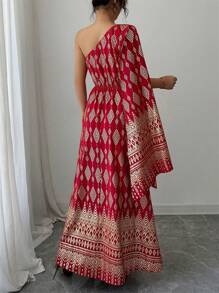 Elenzga 不对称花卉印花红色底金色金属饰边连衣裙，法式优雅宽松飘逸收腰 A 字型秋千连衣裙，适合夏季假期 - 紅色 - 查看 2